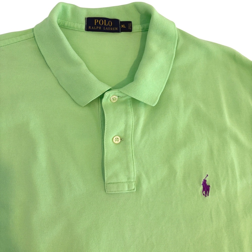 Polo Ralph Lauren Lime Green Polo Shirt Mens XL Short Sleeve Purple Pony Logo